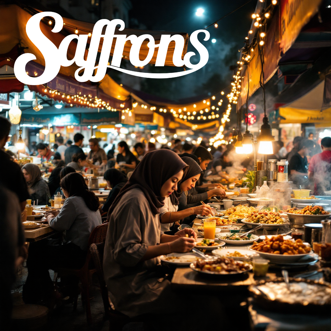 A vibrant night scene at JB Bazaar Ramadan 2025, illuminated by string lights and bustling with visitors enjoying a variety of street food. A group of hijabi women are seen dining at a long table filled with delicious local dishes.