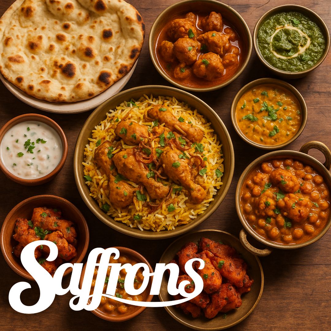 Saffrons premium halal buffet setup with elegantly presented Briyani and accompaniments for corporate event