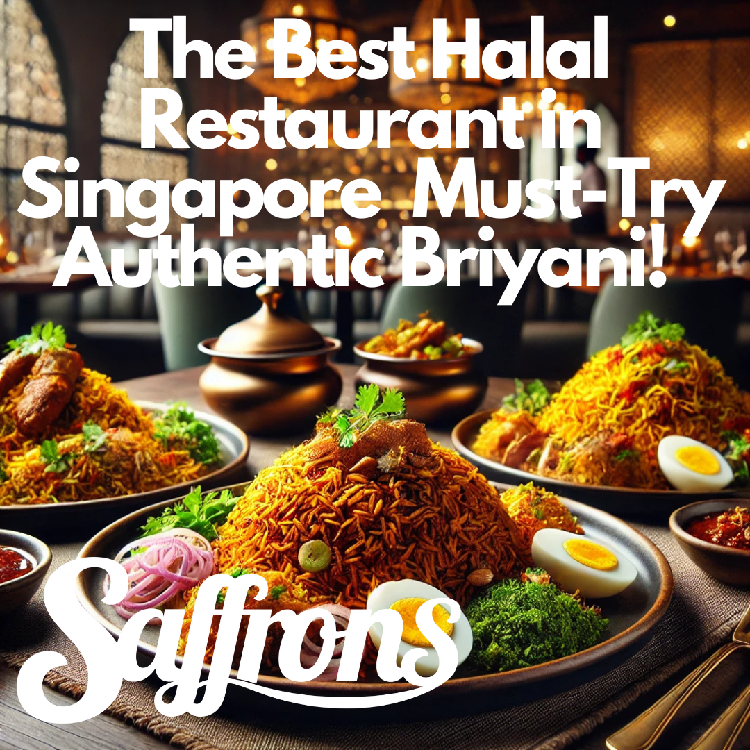 Delicious Briyani dishes served at a top-rated Halal Restaurant in Singapore, featuring Mutton Briyani, Chicken Briyani, and Fish Briyani with rich flavors and fresh garnishes. Enjoy an authentic dining experience in a cozy restaurant ambiance