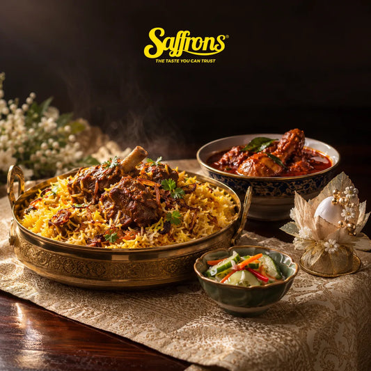 Akad nikah catering Singapore: brass tray of briyani with mutton masala, ayam masak merah, cucumber acar and a bunga telur