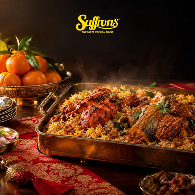 Chinese New Year halal catering Singapore: a tray of briyani with chicken tandoori and fish masala beside mandarin oranges on a red and gold cloth