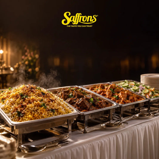 Community centre event catering Singapore: a long buffet table of briyani, mutton masala, chicken masala and cucumber acar beside stacked plates