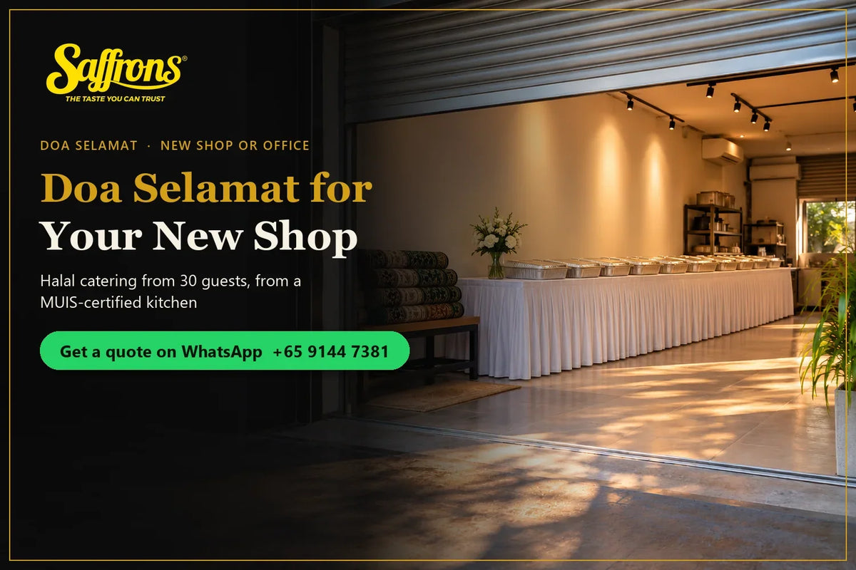 Doa selamat shop opening catering in Singapore: a skirted halal buffet table set inside a new shop unit