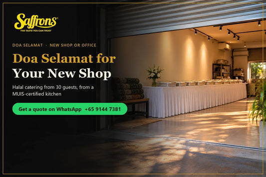 Doa selamat shop opening catering in Singapore: a skirted halal buffet table set inside a new shop unit