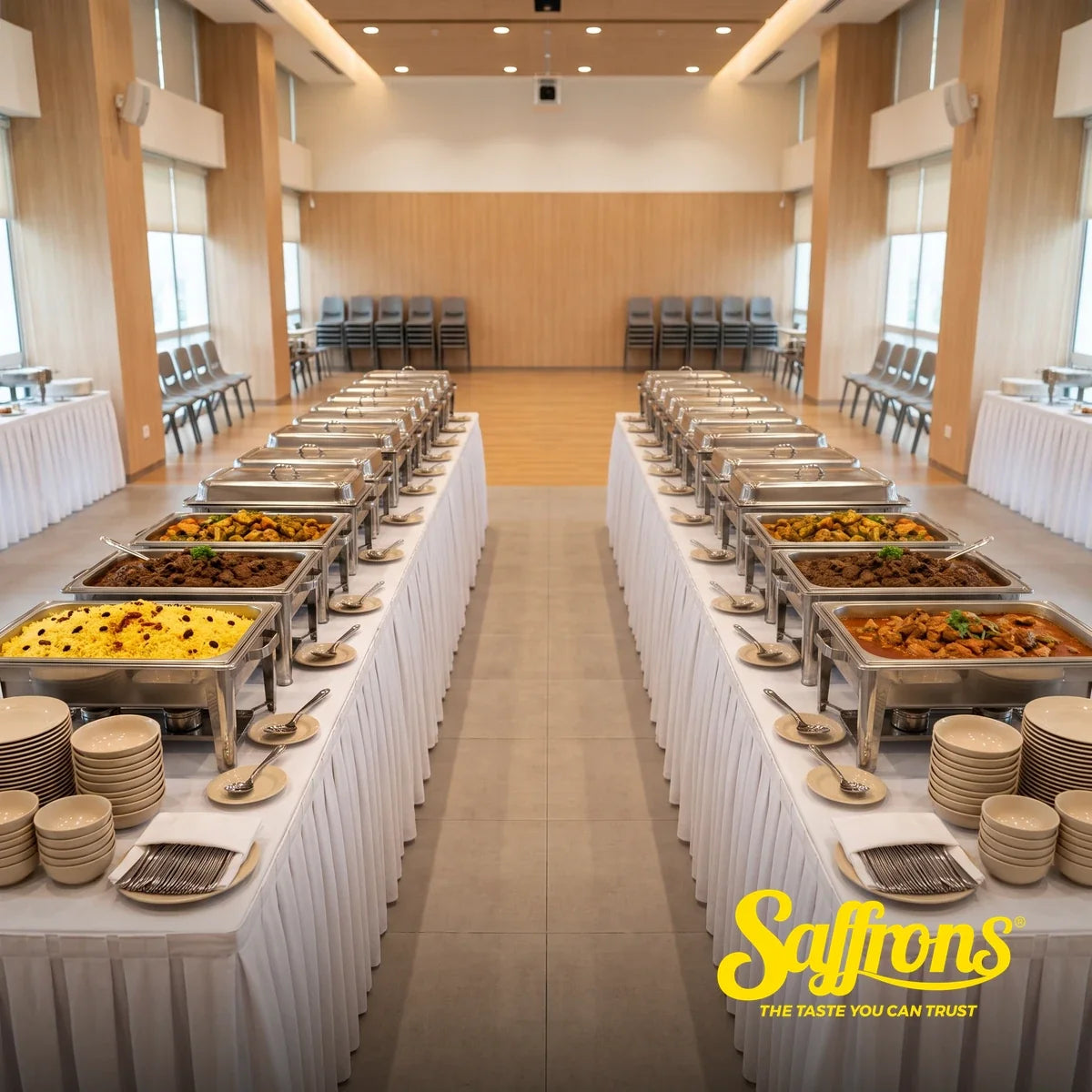 Two parallel halal buffet lines of chafing dishes on skirted tables set up in a Singapore community hall for a 100 pax event