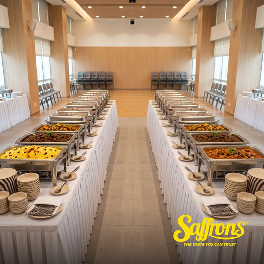 Two parallel halal buffet lines of chafing dishes on skirted tables set up in a Singapore community hall for a 100 pax event