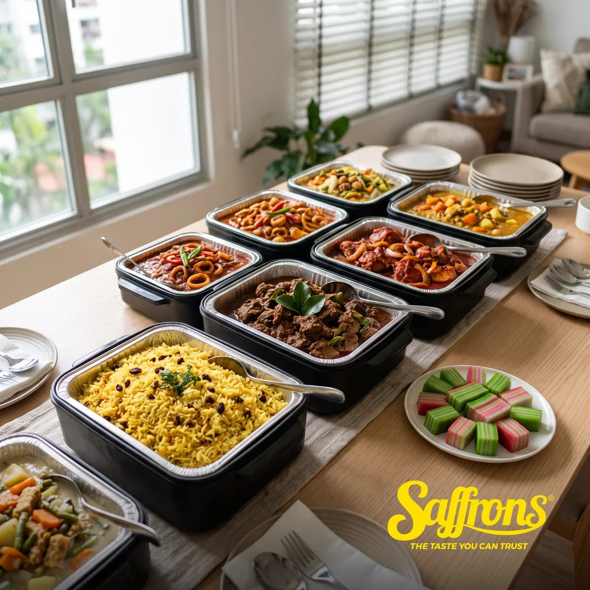 Halal mini buffet for 20 pax laid out on a dining table in a Singapore HDB flat, with briyani, rendang, sambal sotong and side dishes in serving trays
