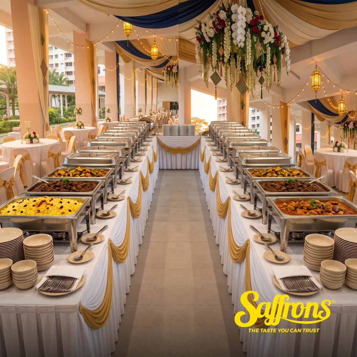 Long halal kenduri buffet line of chafing dishes under a decorated HDB void deck in Singapore for a 300 pax walimah