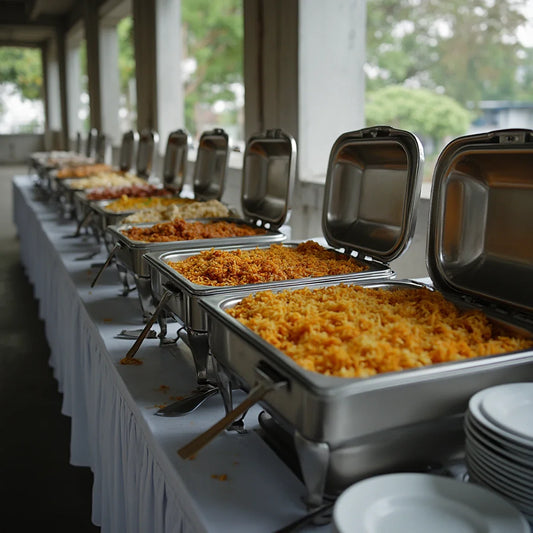 Single halal buffet line of chafing dishes on a skirted table under a Singapore HDB void deck, set up for a 50 pax event