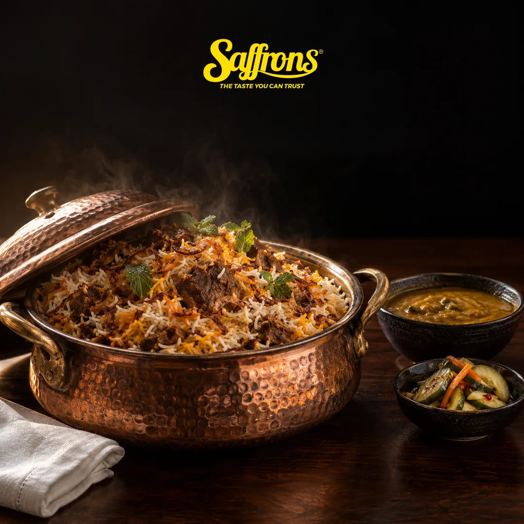 Halal catering price per pax Singapore: copper pot of mutton dum briyani with dalcha and acar timun on a dark wooden table