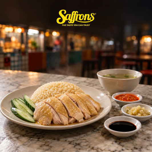 Halal chicken rice Singapore hawker plate with poached chicken, chilli, ginger, dark soy and soup