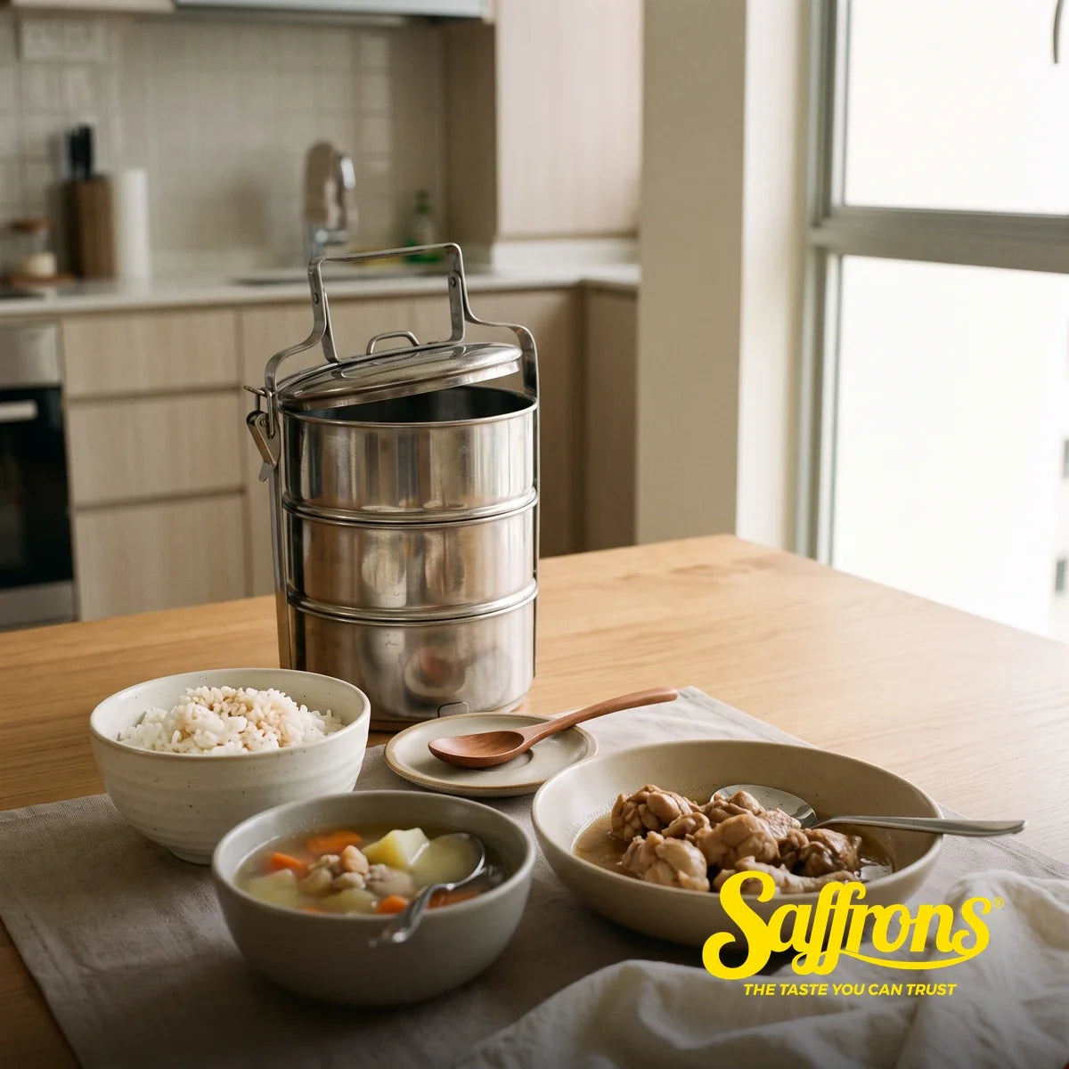 Home-style halal confinement meal on a dining table in a Singapore HDB flat: a stacked tiffin carrier beside bowls of rice, clear vegetable soup and stewed chicken