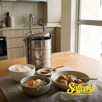 Home-style halal confinement meal on a dining table in a Singapore HDB flat: a stacked tiffin carrier beside bowls of rice, clear vegetable soup and stewed chicken
