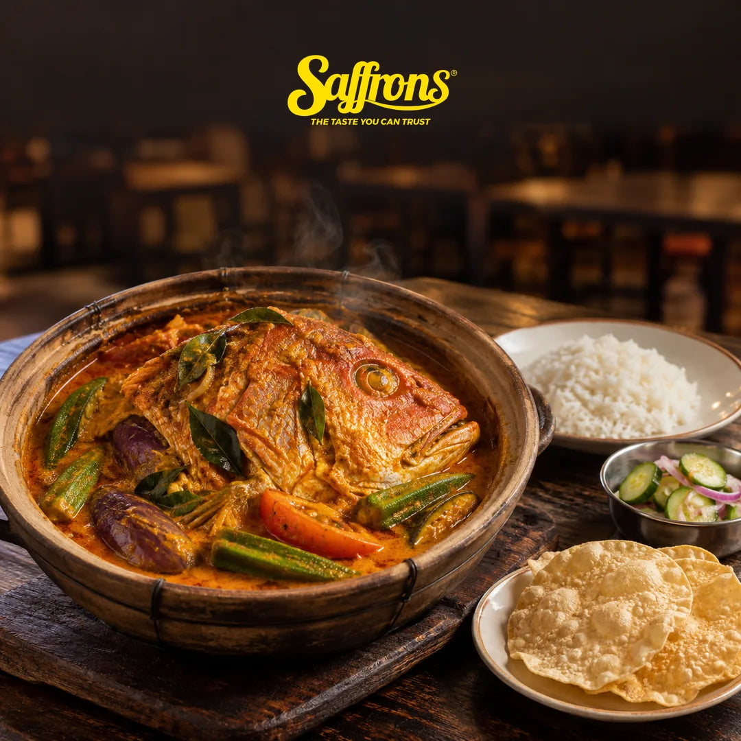 Fish head curry with okra and brinjal in a claypot, halal fish head curry Singapore