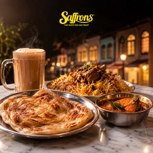 Katong Indian restaurant guide: roti prata with fish curry, mutton briyani and teh tarik on a marble table, with shophouses blurred behind