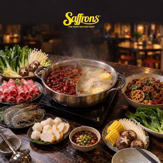 Divided steamboat pot with mala broth on one side and clear broth on the other, on a Singapore eating-house table surrounded by raw beef, prawns, mushrooms and vegetables