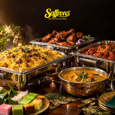 Majlis berkhatan Singapore: chafing trays of briyani, tandoori chicken and masak merah with dalcha and Malay kueh