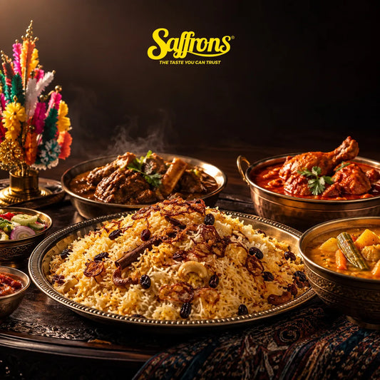 Majlis khatam Quran catering Singapore: tray of briyani with raisins, bowls of mutton masala, masak merah and dalcha