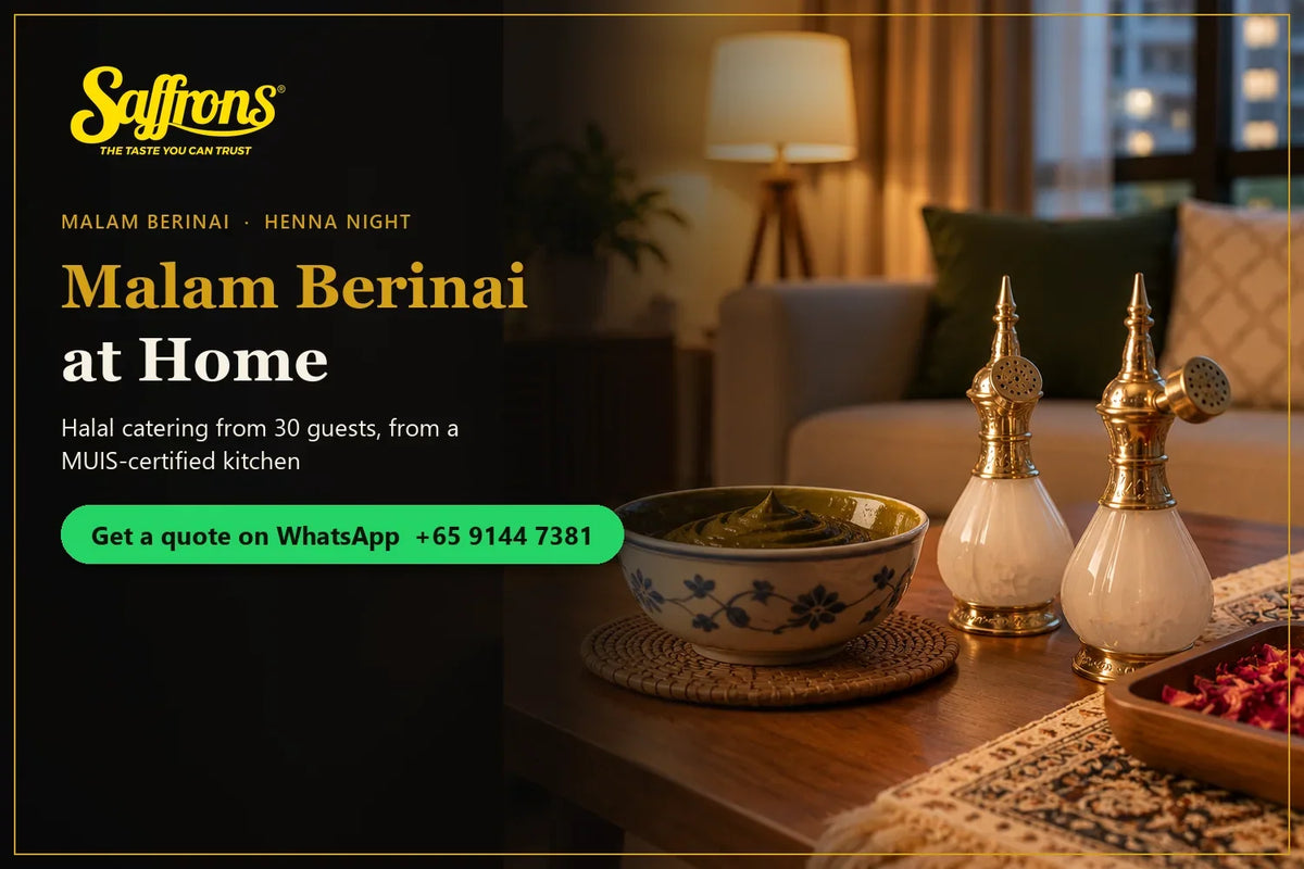 Malam berinai at home in Singapore: a bowl of henna paste and white-brass rose-water sprinklers in an HDB living room
