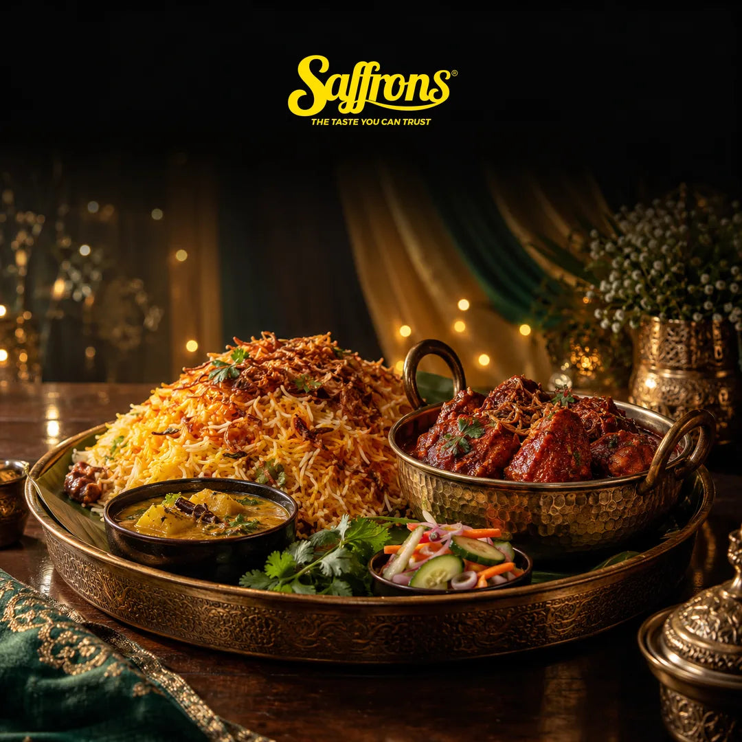 Malay wedding catering Singapore: brass tray of nasi briyani with ayam masak merah, dalcha and acar before gold and emerald wedding draping