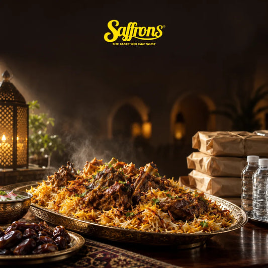 Mosque event catering Singapore: a brass platter of mutton briyani with dates, packed meals and bottled water beside a lantern