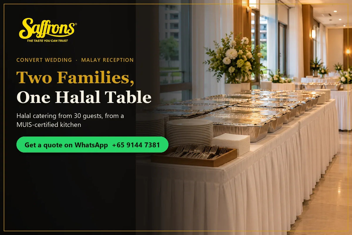 Halal buffet table set for a Malay wedding reception with a convert groom's Chinese family attending in Singapore