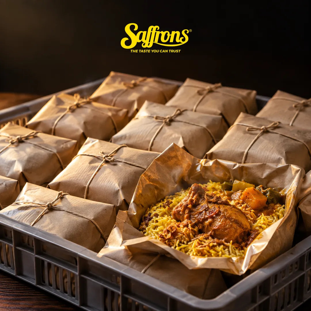 Food distribution catering Singapore: a crate of tied brown paper briyani packets, one opened with chicken