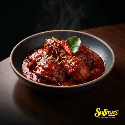Ayam masak merah plated in a dark ceramic bowl, glossy scarlet tomato-chilli gravy topped with fried shallots and a kaffir lime leaf