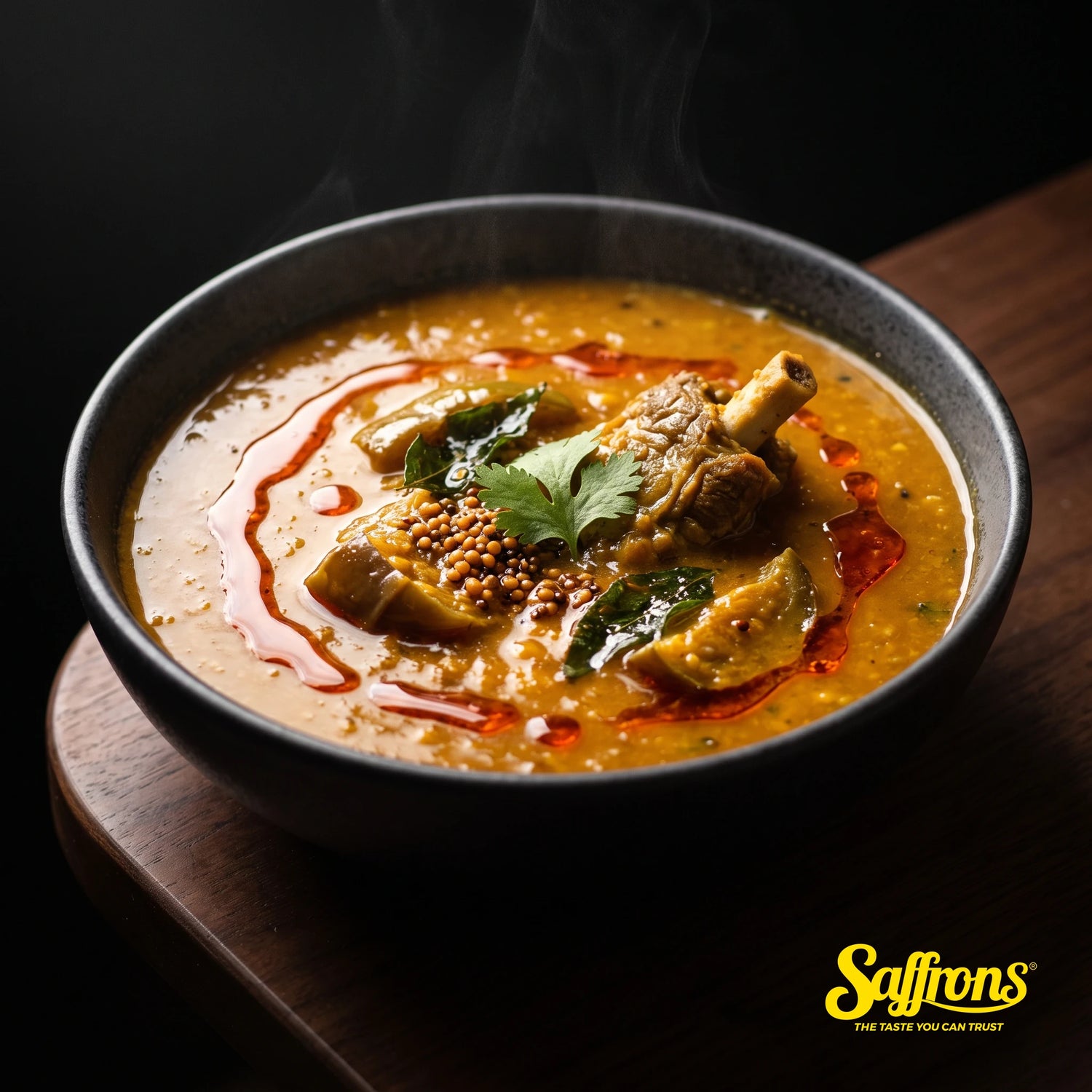 Dalcha lentil curry in a dark ceramic bowl, golden gravy with a swirl of chilli oil, fried curry leaves, mustard seeds and a bone-in mutton piece