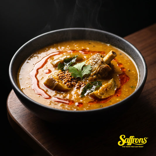 Dalcha lentil curry in a dark ceramic bowl, golden gravy with a swirl of chilli oil, fried curry leaves, mustard seeds and a bone-in mutton piece