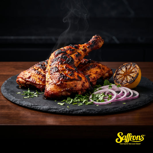 Charred tandoori chicken leg quarters on a dark slate platter with a charred lemon half, red onion rings and coriander