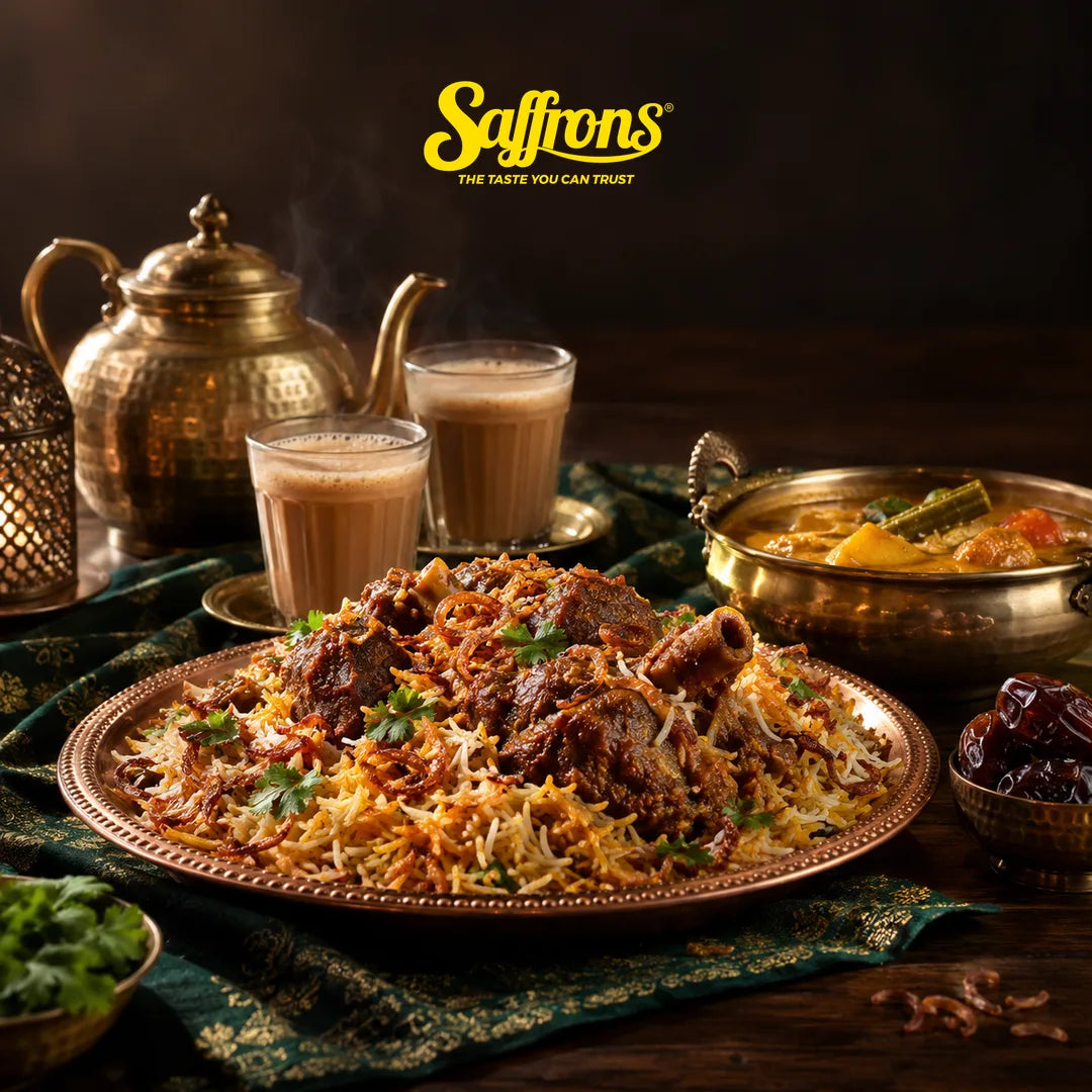 Walimatus safar Singapore: platter of mutton briyani with dalcha, dates and glasses of teh tarik